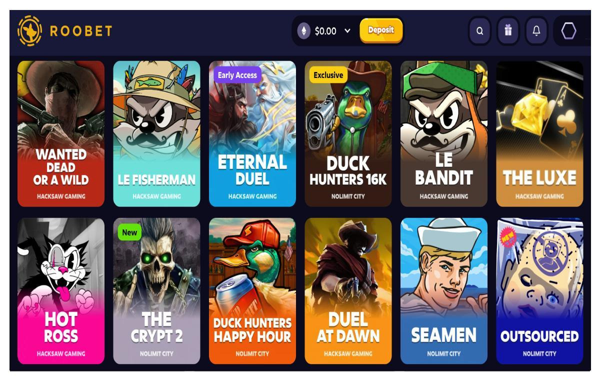 A screenshot image of the Roobet&rsquo;s slot games page
